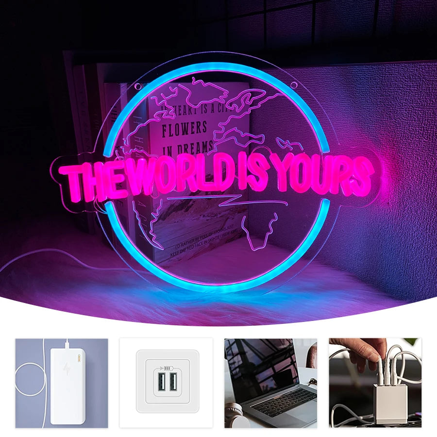 Neón LED "The World Is Yours" | Escultura 3D Decorativa